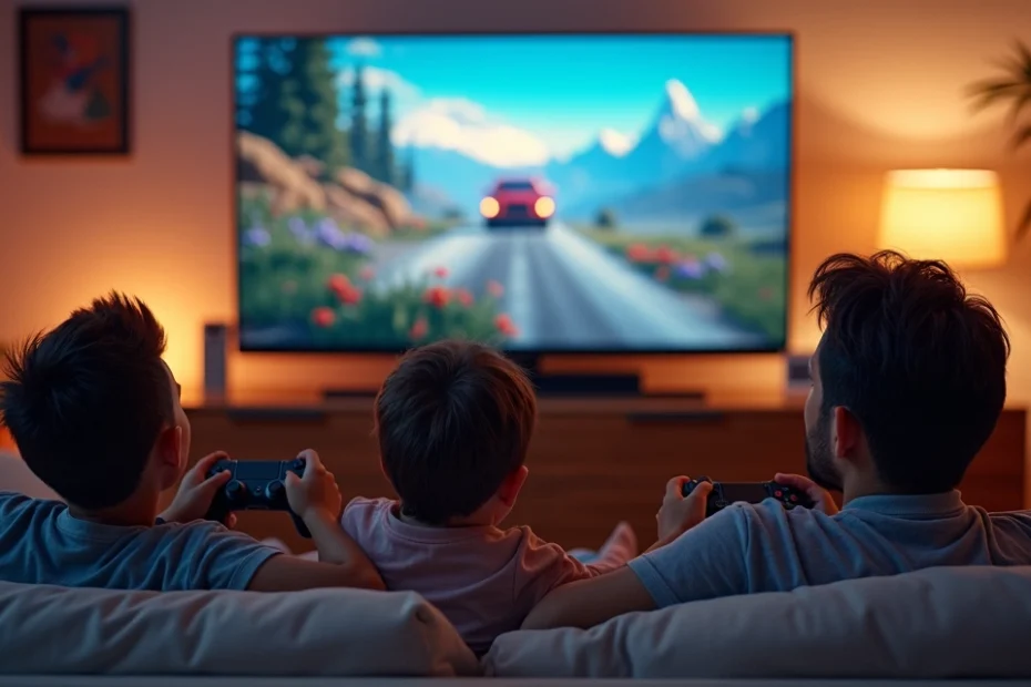 Family playing video games together with consoles and PC in a cozy living room