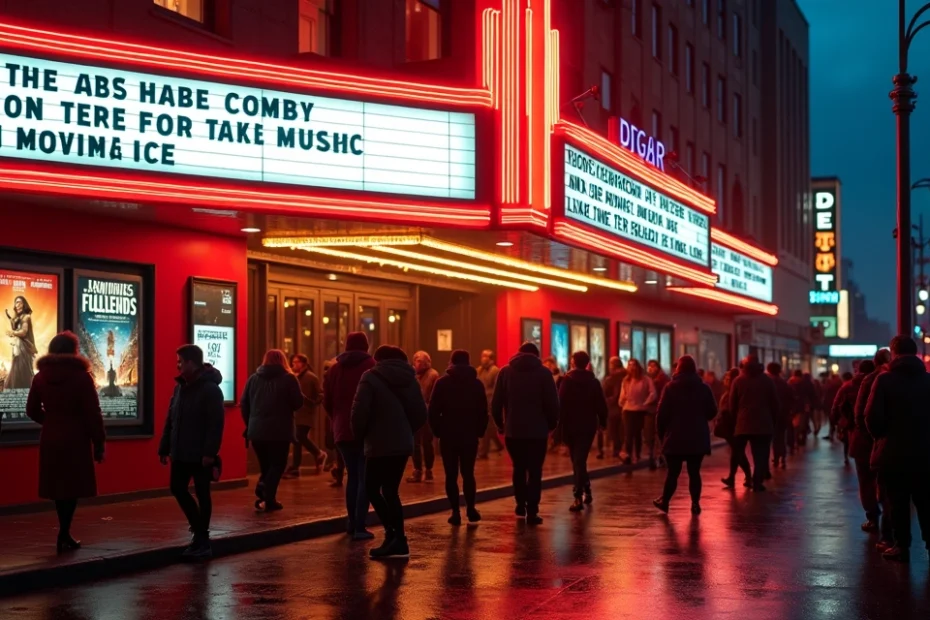 Crowded cinema entrance with bright marquee lights showcasing film titles