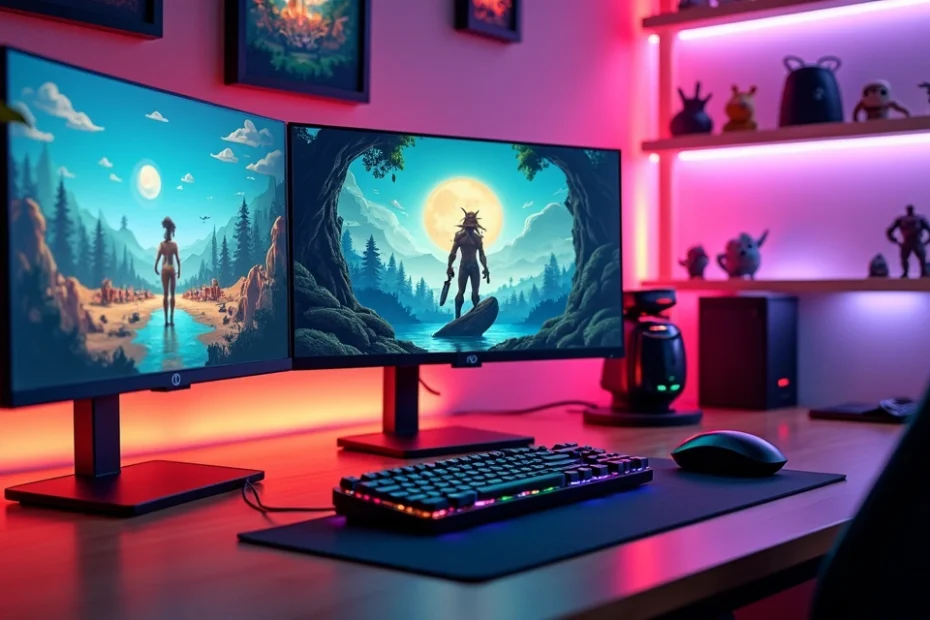 Gaming setup with colorful indie game artwork on multiple screens and gaming gear