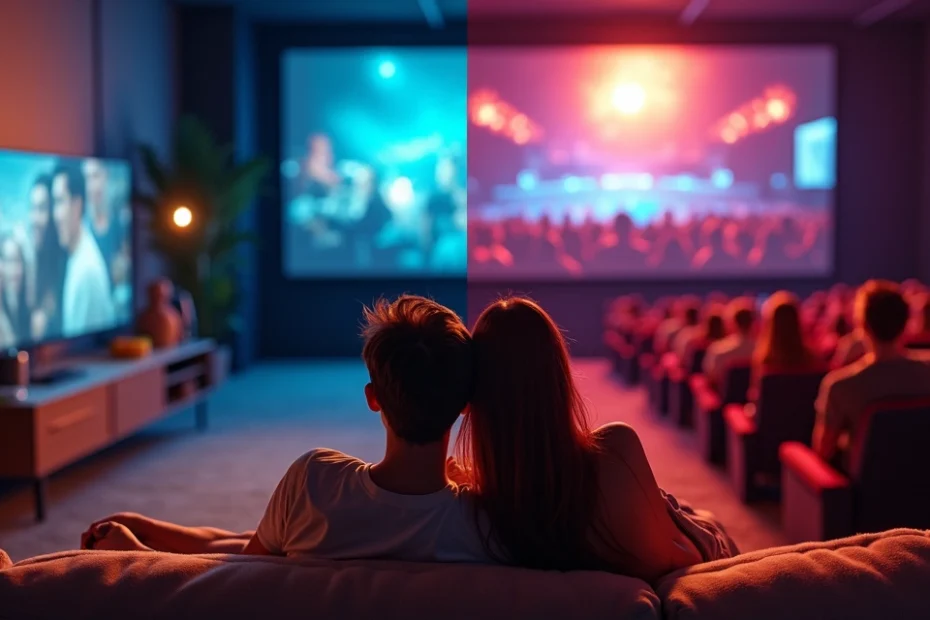 Split scene showing a cozy living room with a person watching movies on a large TV and a vibrant cinema interior with a full audience watching a film