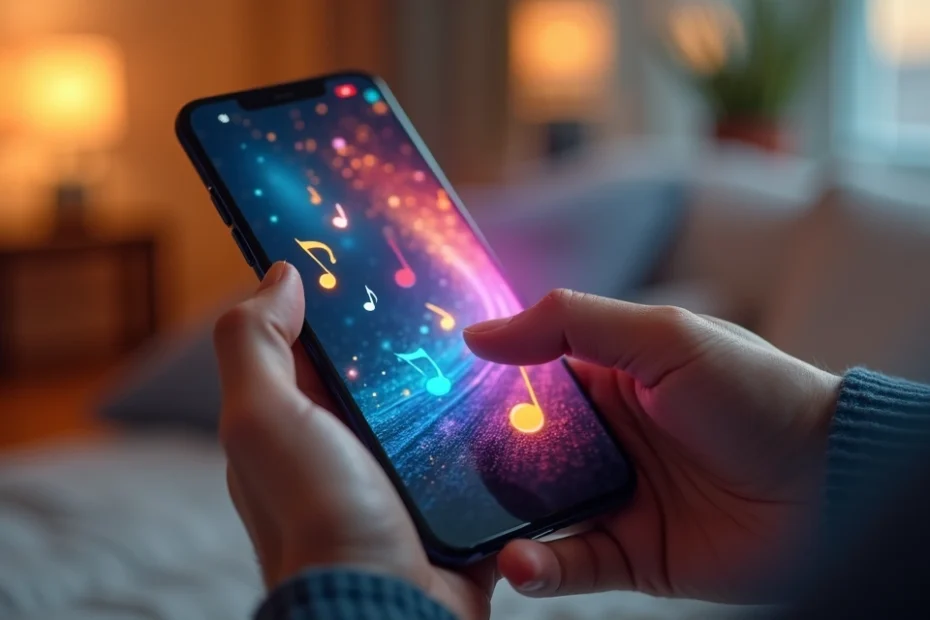 Person holding smartphone playing a colorful rhythm game with music notes on screen