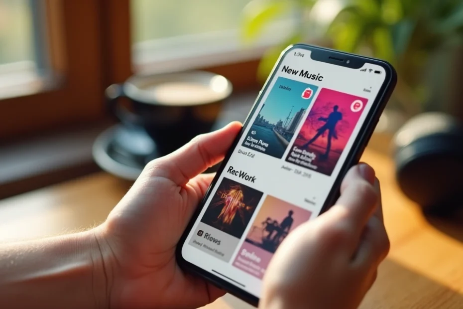 Smartphone screen showing notifications of new music releases on a streaming app with colorful album covers