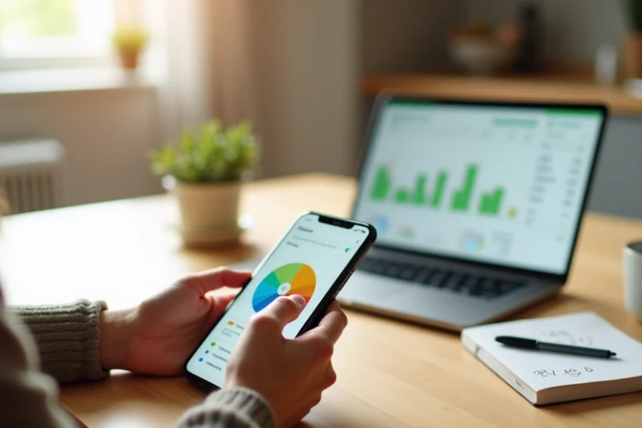 Person using budgeting app on smartphone with colorful expense charts on screen