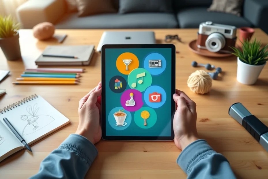 Person using a tablet with creative hobby apps surrounded by art and craft materials