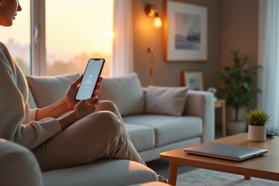 Person turning off smartphone notifications in a calm minimalist living room
