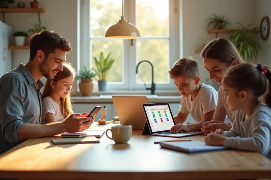 Parents and children using a family organization app together at the kitchen table