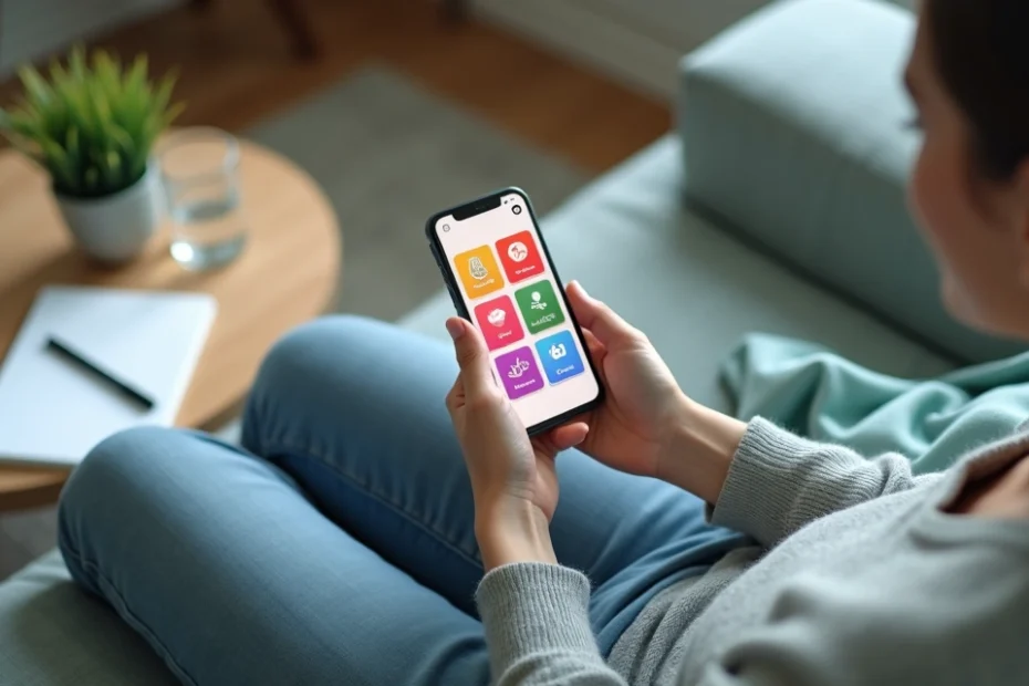Person using mental health apps on a smartphone while relaxing on a couch