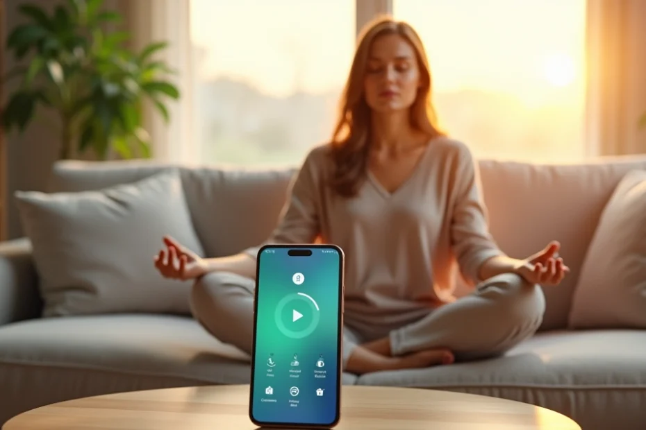 Person meditating on a sofa using a meditation app on a smartphone