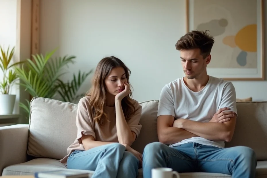 Couple on sofa showing different attachment styles through body language