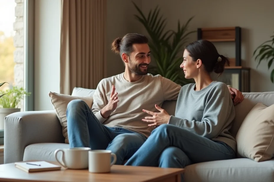 Couple talking calmly facing each other on a living room couch
