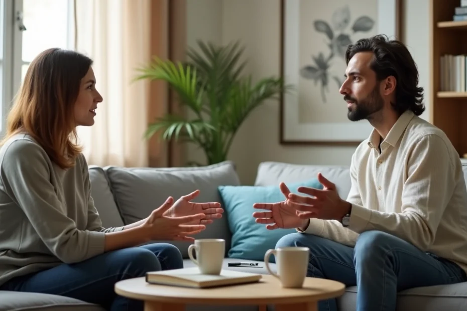 Couple sitting on a sofa calmly discussing and resolving a conflict
