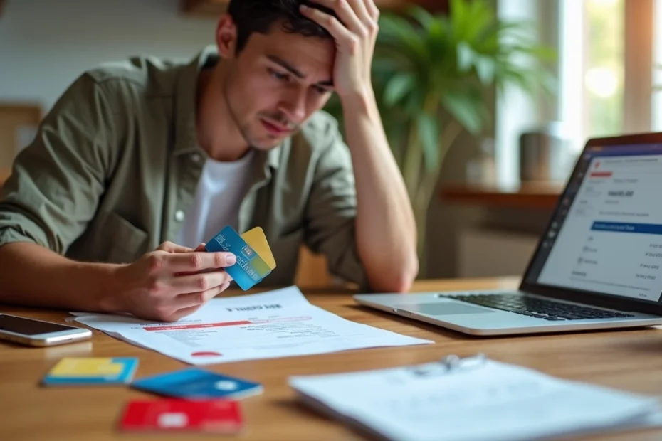 Person reviewing credit card bills with laptop and scattered cards on table