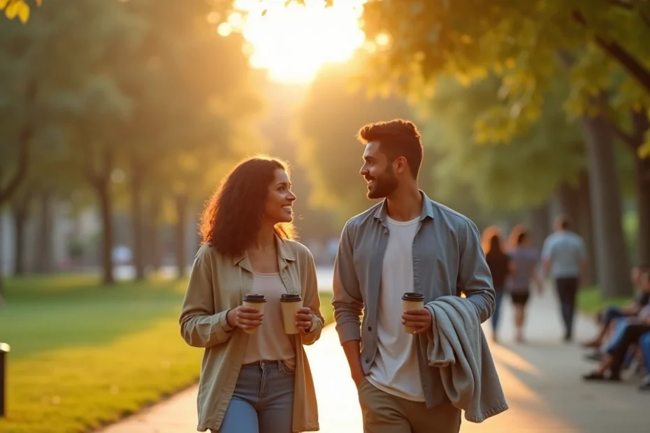 Couple walking close together in a city park at sunset