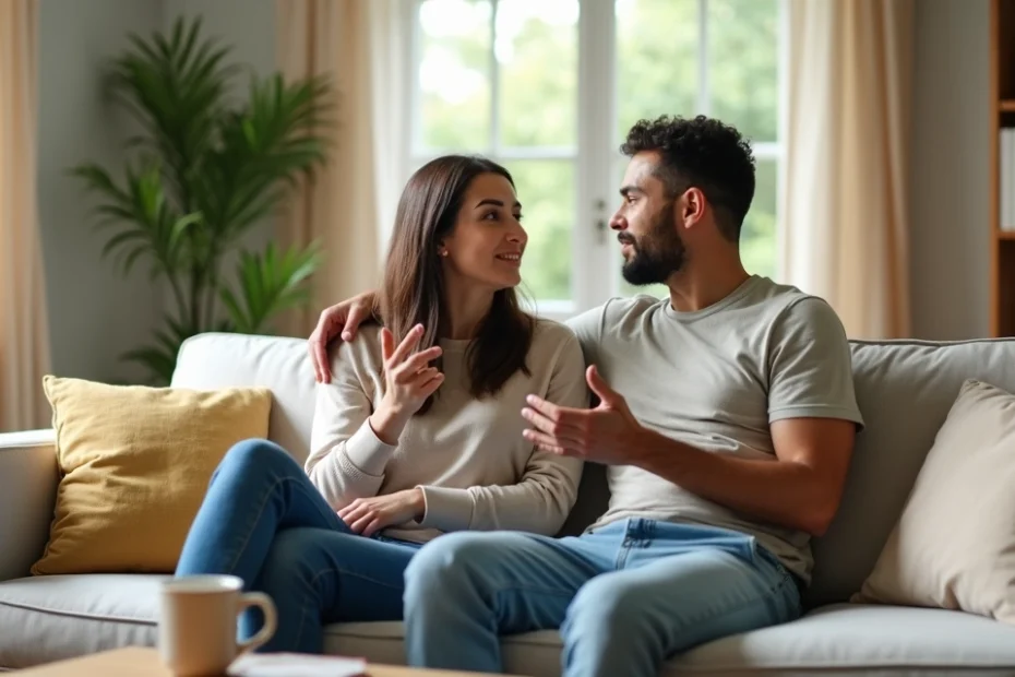 Couple sitting on a couch talking openly with myth words fading in the background