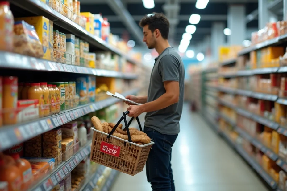 Person comparing grocery prices in a supermarket aisle with rising cost signs