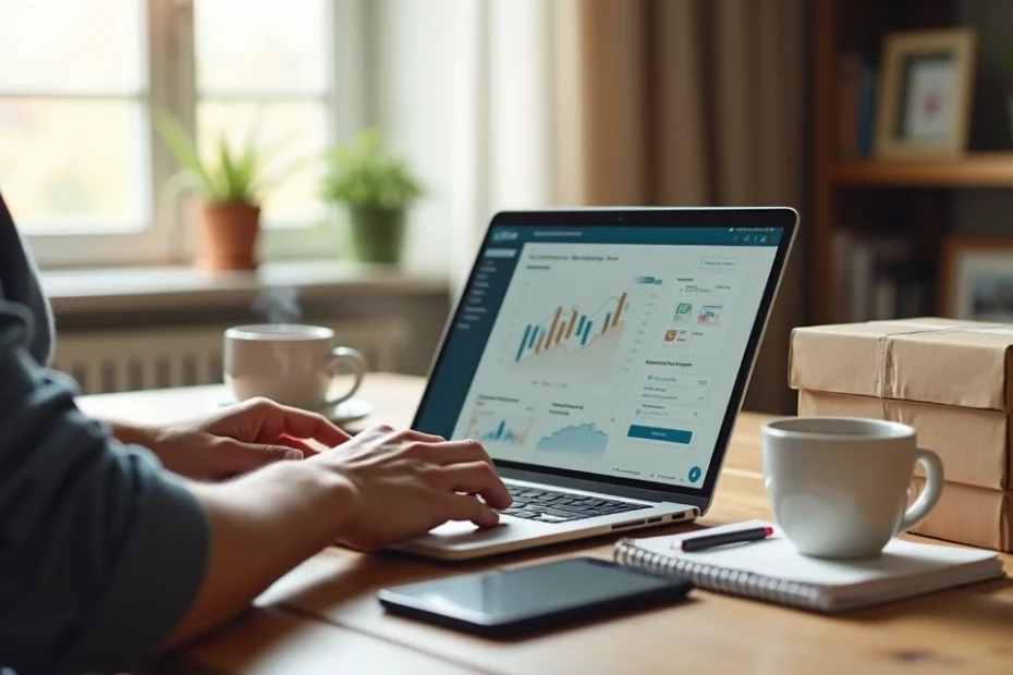 Person running a small side business from a laptop at a home desk