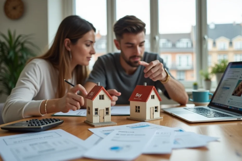 Young couple comparing renting and buying options with house models and paperwork