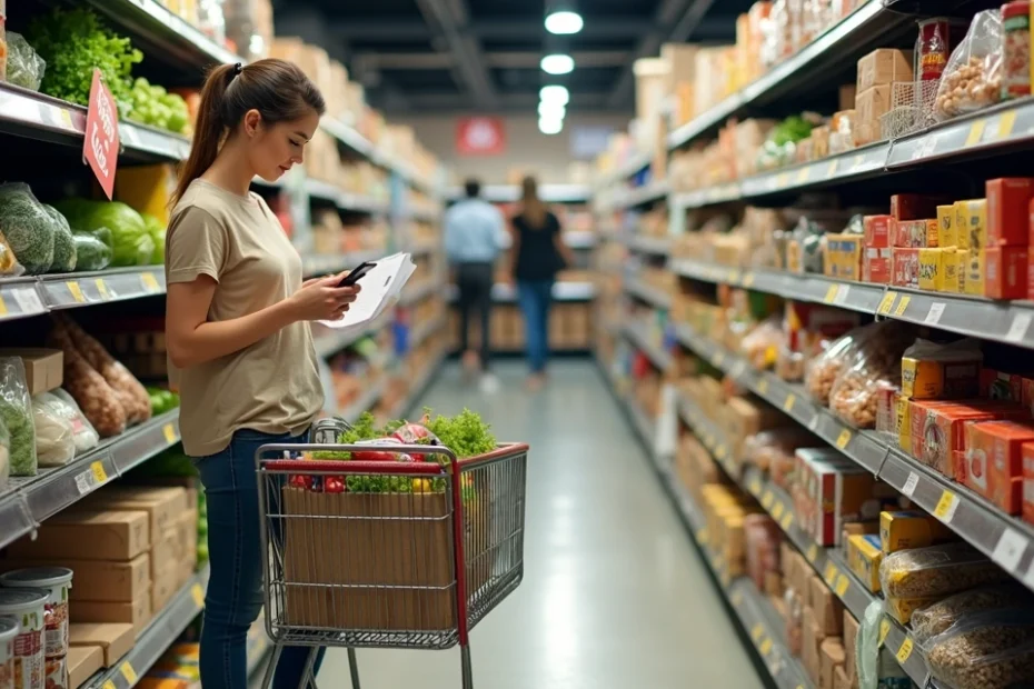 Woman checking shopping list and prices in a supermarket aisle with a half-full cart
