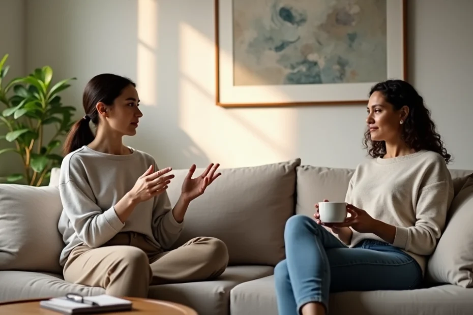 Two people calmly talking on a sofa with clear personal space between them