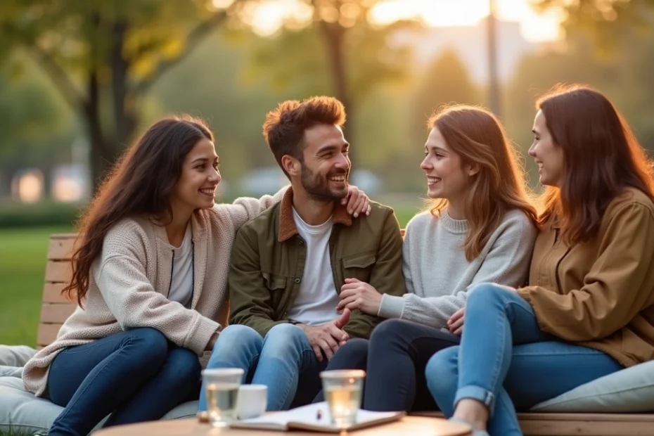 Group of friends sitting together outside laughing and talking closely